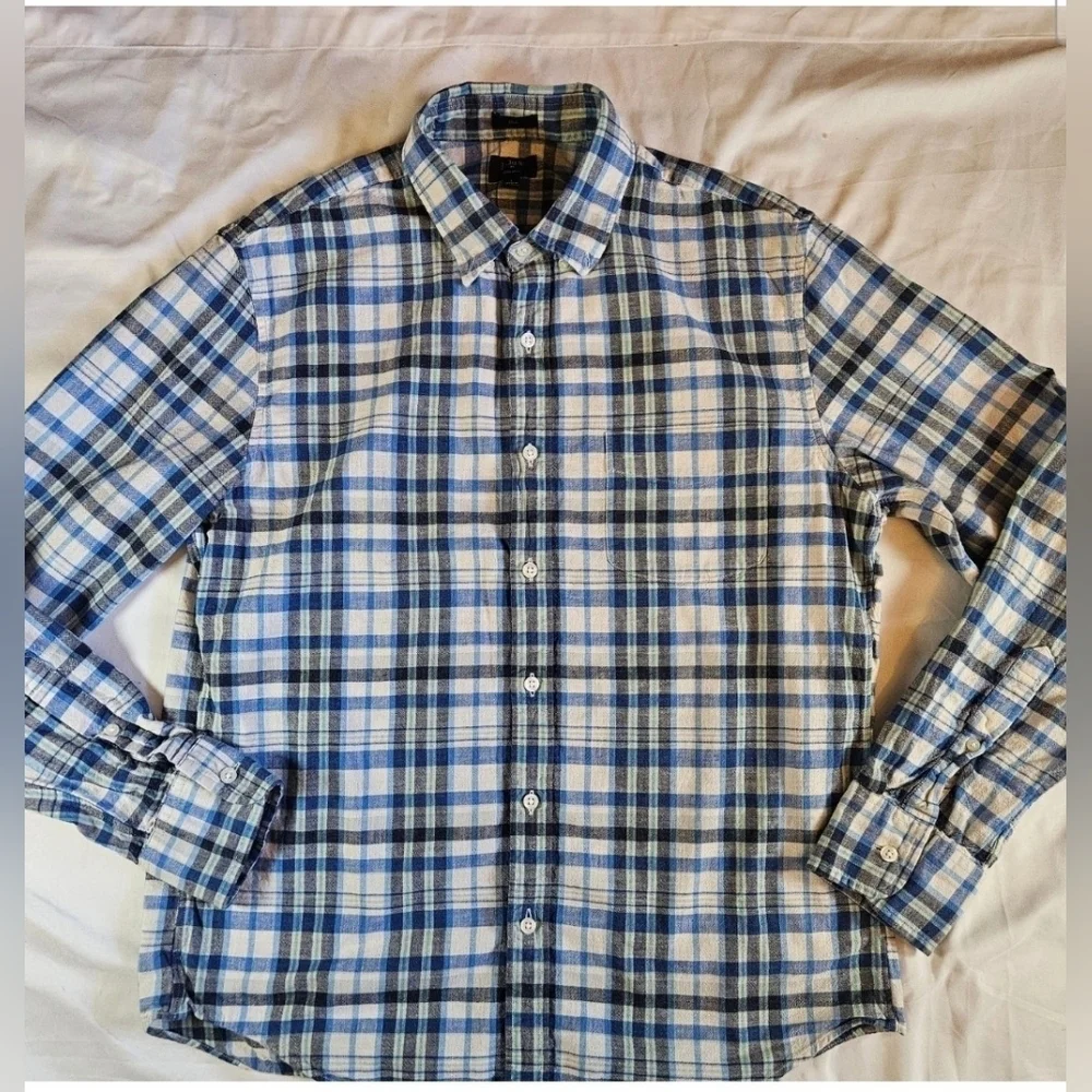 J Crew Mens Slim Blue Plaid Long Sleeve Button Up Collared Shirt Size Large